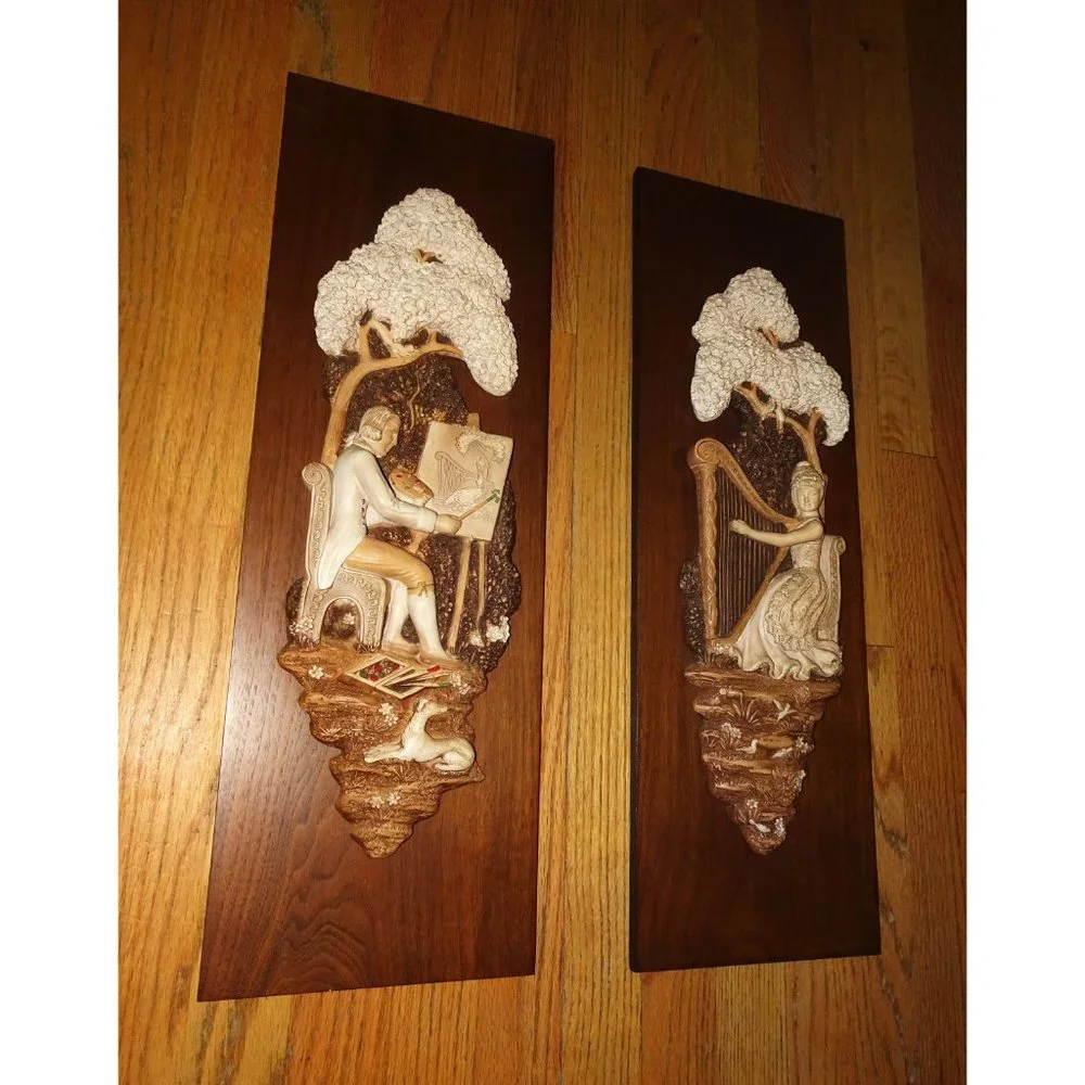 Vintage Girotti Sculptured Art Wall Hanging Plaque Man Painting Women with harp